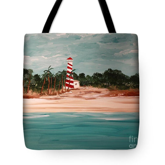 Coastal Lighthouse with Palm Trees - Tote Bag
