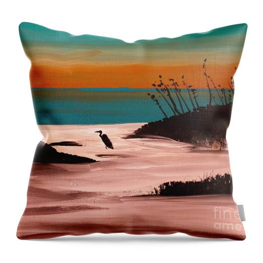 Seaside Sunset with Bird Silhouette - Throw Pillow