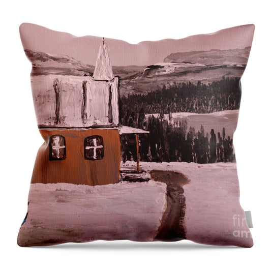 Winter Church Scene with Christmas Tree - Throw Pillow