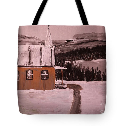 Winter Church Scene with Christmas Tree - Tote Bag