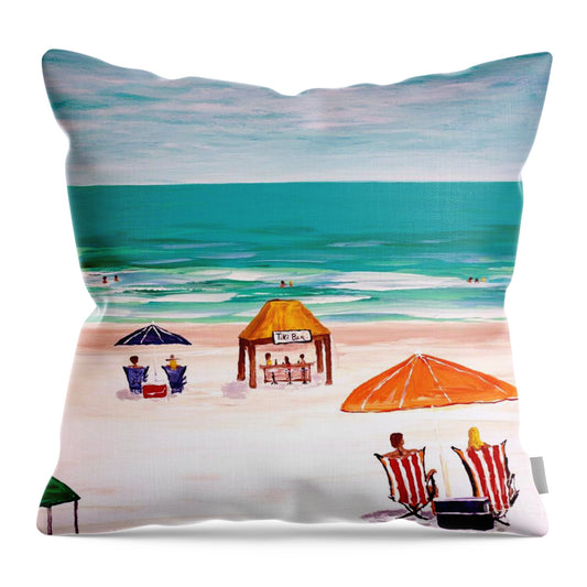 Beach Day with Orange Umbrellas - Throw Pillow
