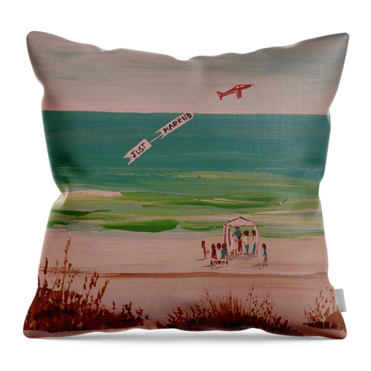 Beach Wedding Ceremony with Airplane - Throw Pillow