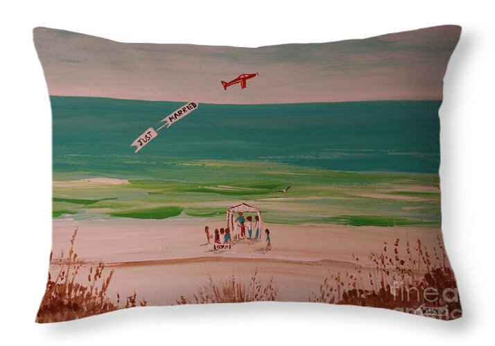 Beach Wedding Ceremony with Airplane - Throw Pillow