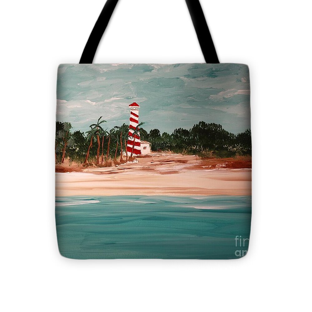 Coastal Lighthouse with Palm Trees - Tote Bag