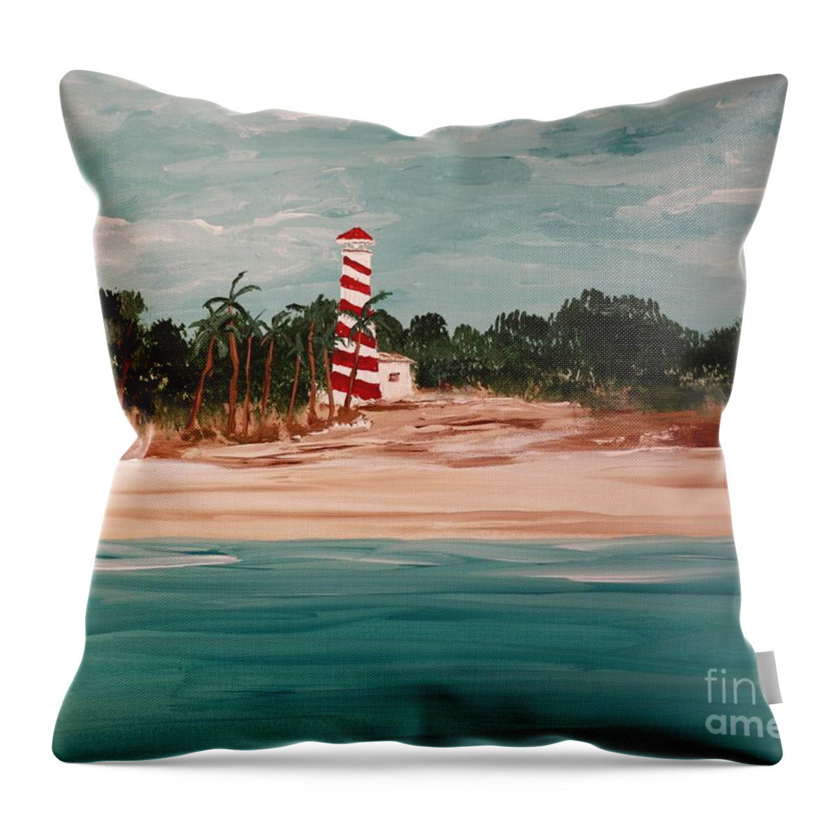 Coastal Lighthouse with Palm Trees - Throw Pillow