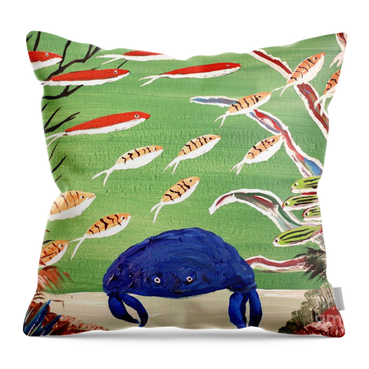 Colorful Underwater Scene with Blue Crab - Throw Pillow