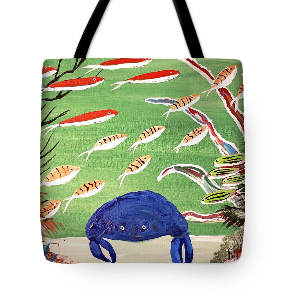 Colorful Underwater Scene with Blue Crab - Tote Bag