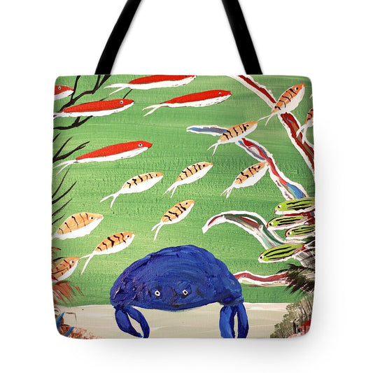 Colorful Underwater Scene with Blue Crab - Tote Bag