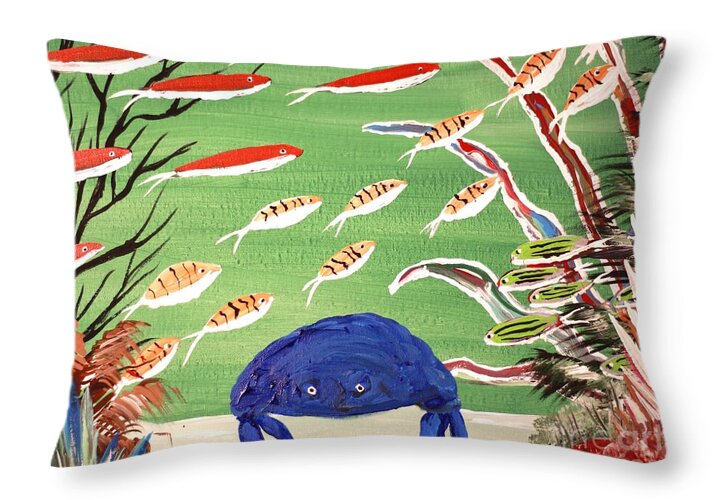 Colorful Underwater Scene with Blue Crab - Throw Pillow