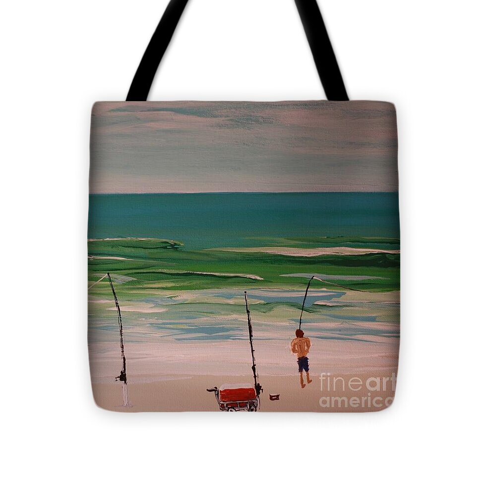 Fishing on a Tranquil Beach - Tote Bag