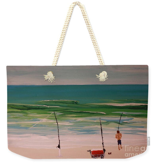 Fishing on a Tranquil Beach - Weekender Tote Bag