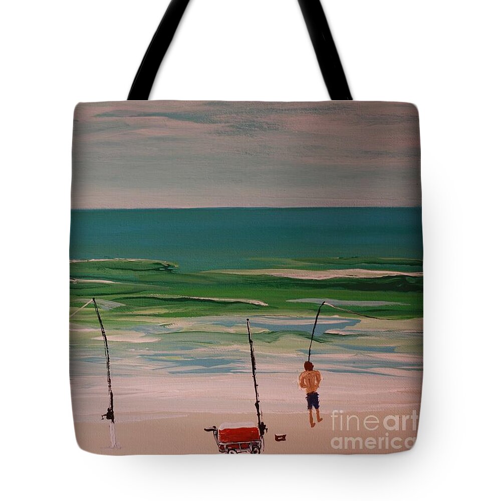 Fishing on a Tranquil Beach - Tote Bag