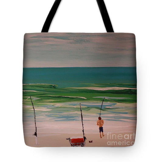 Fishing on a Tranquil Beach - Tote Bag