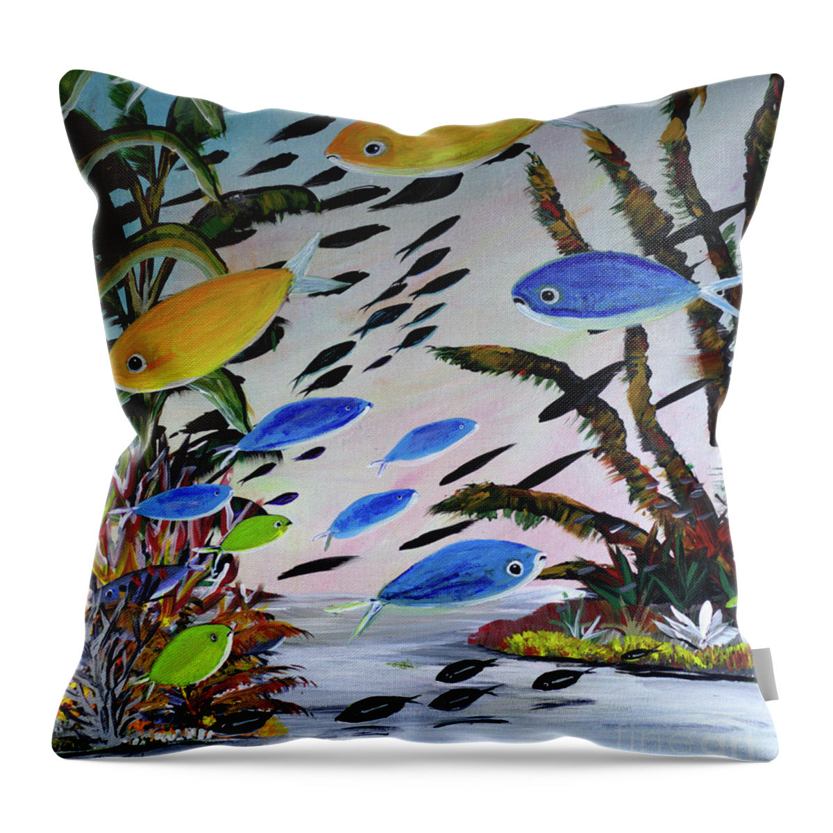 Gold Blue Green Black Fish - Throw Pillow