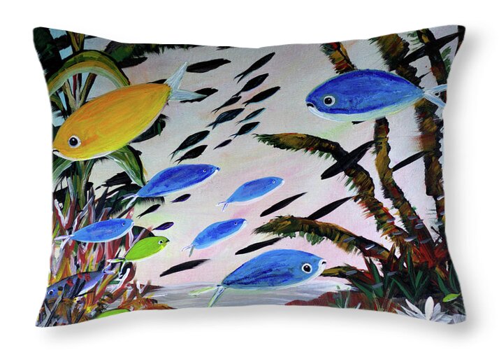 Gold Blue Green Black Fish - Throw Pillow