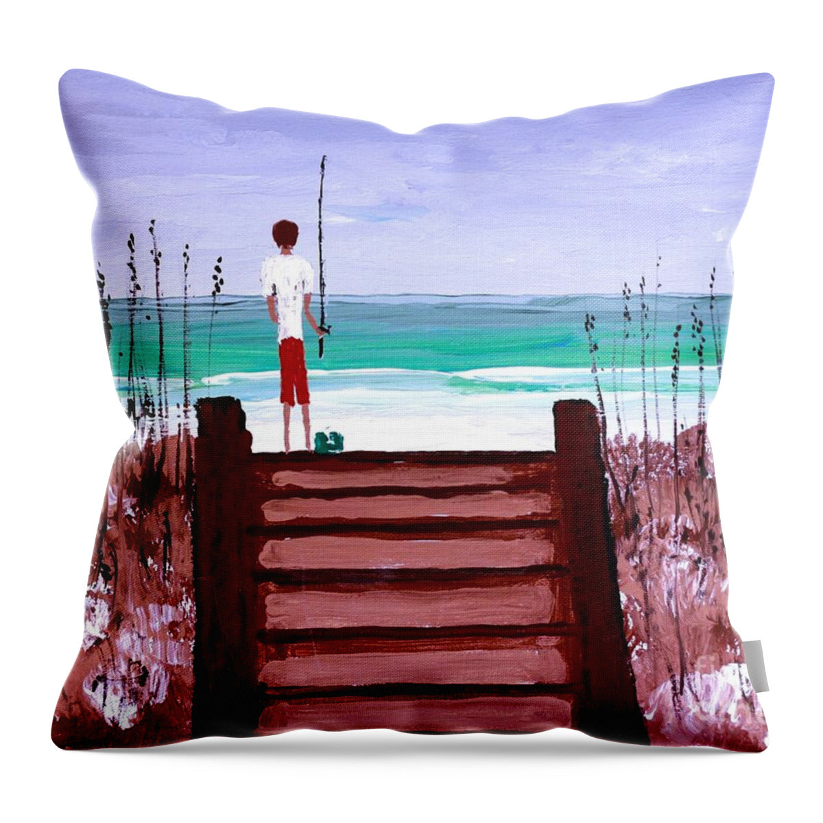 Man Fishing by the Seashore - Throw Pillow
