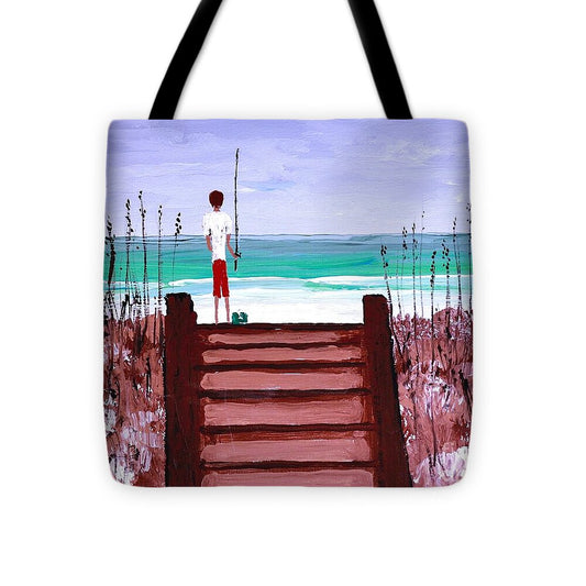 Man Fishing by the Seashore - Tote Bag