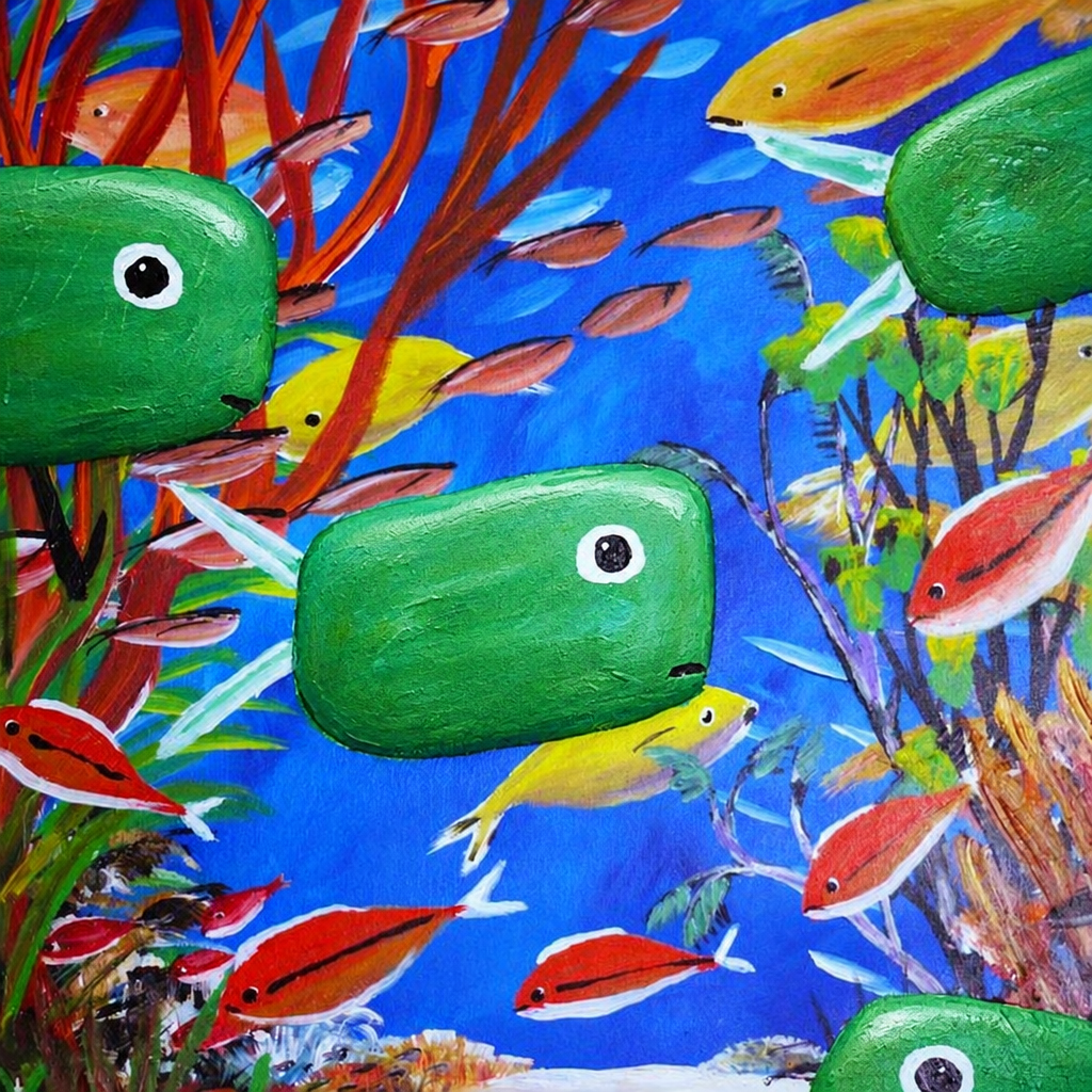 Original Green Fish artwork with subtle depth on the green fish