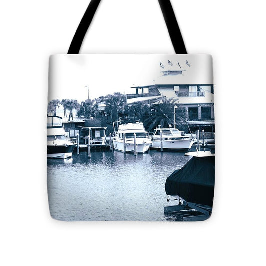 Peg Leg Pete's Marina with Docked Boats - Tote Bag