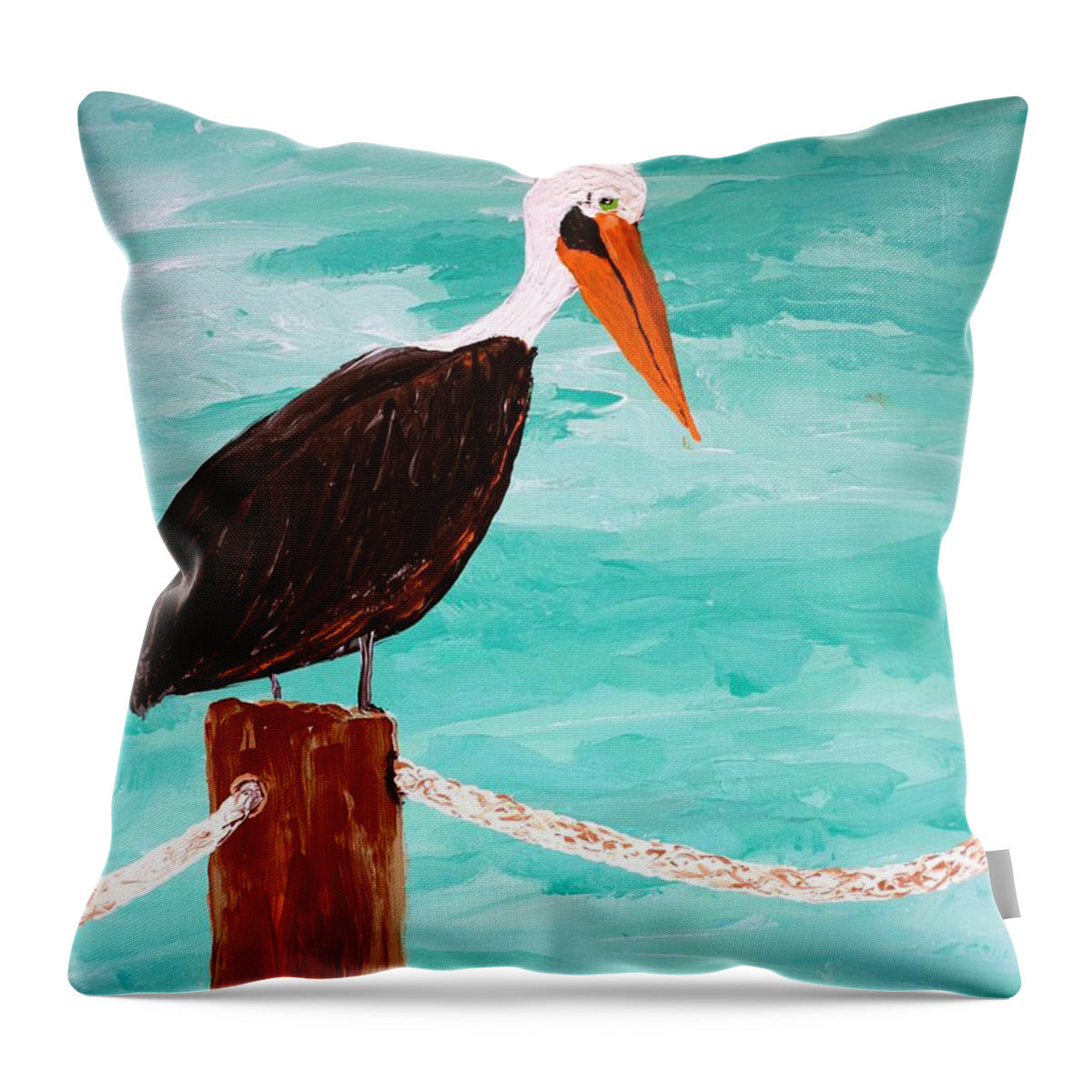 Pelican on a Dock Post - Throw Pillow