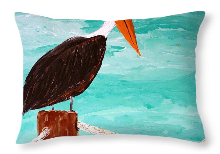 Pelican on a Dock Post - Throw Pillow