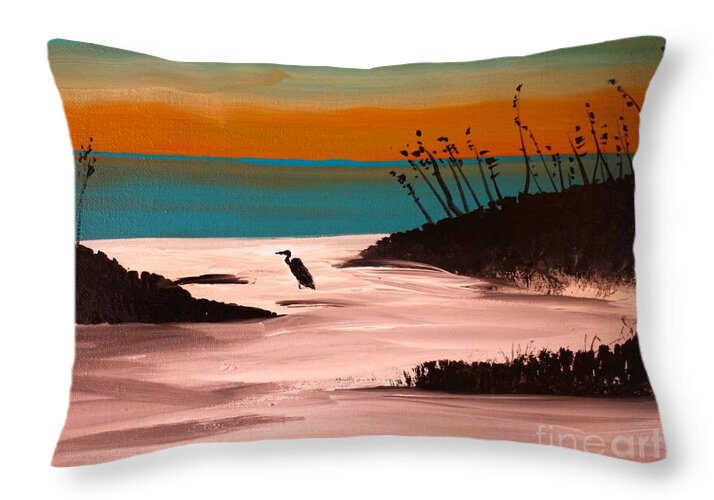 Seaside Sunset with Bird Silhouette - Throw Pillow