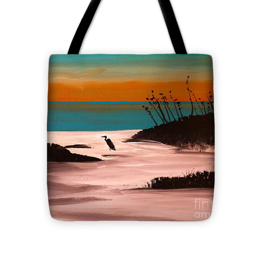 Seaside Sunset with Bird Silhouette - Tote Bag