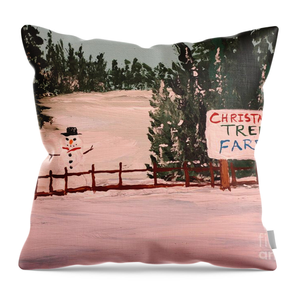 Snowy Christmas Tree Farm Scene - Throw Pillow