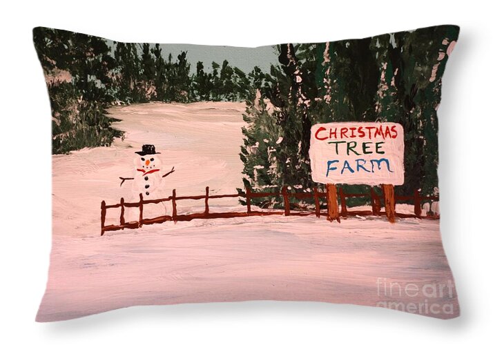 Snowy Christmas Tree Farm Scene - Throw Pillow