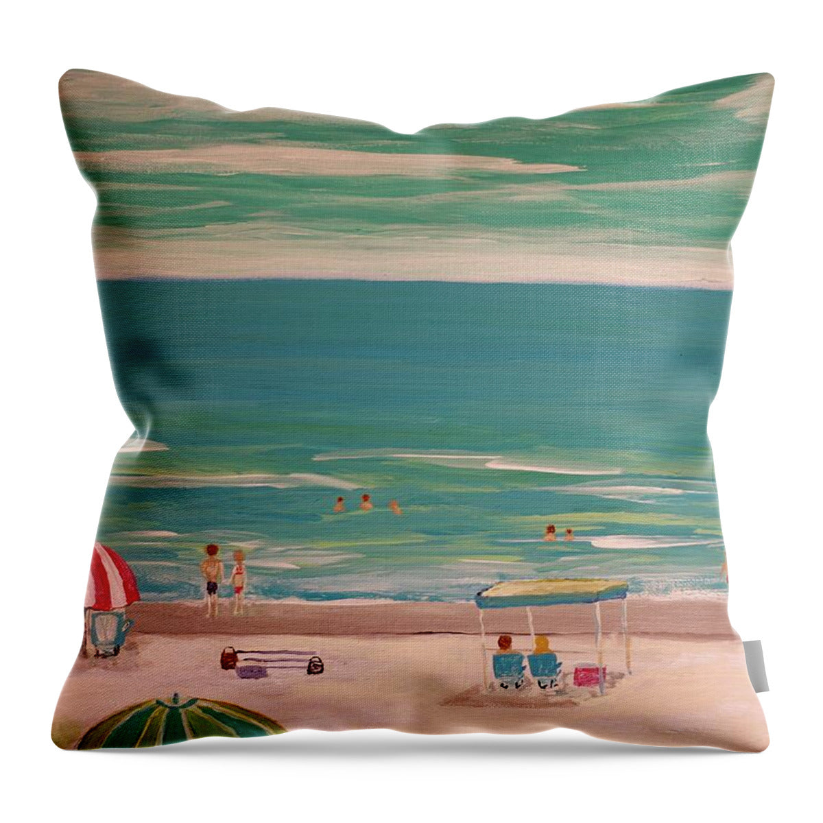 Sunbathers Enjoying a Coastal View - Throw Pillow