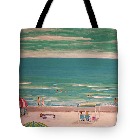 Sunbathers Enjoying a Coastal View - Tote Bag