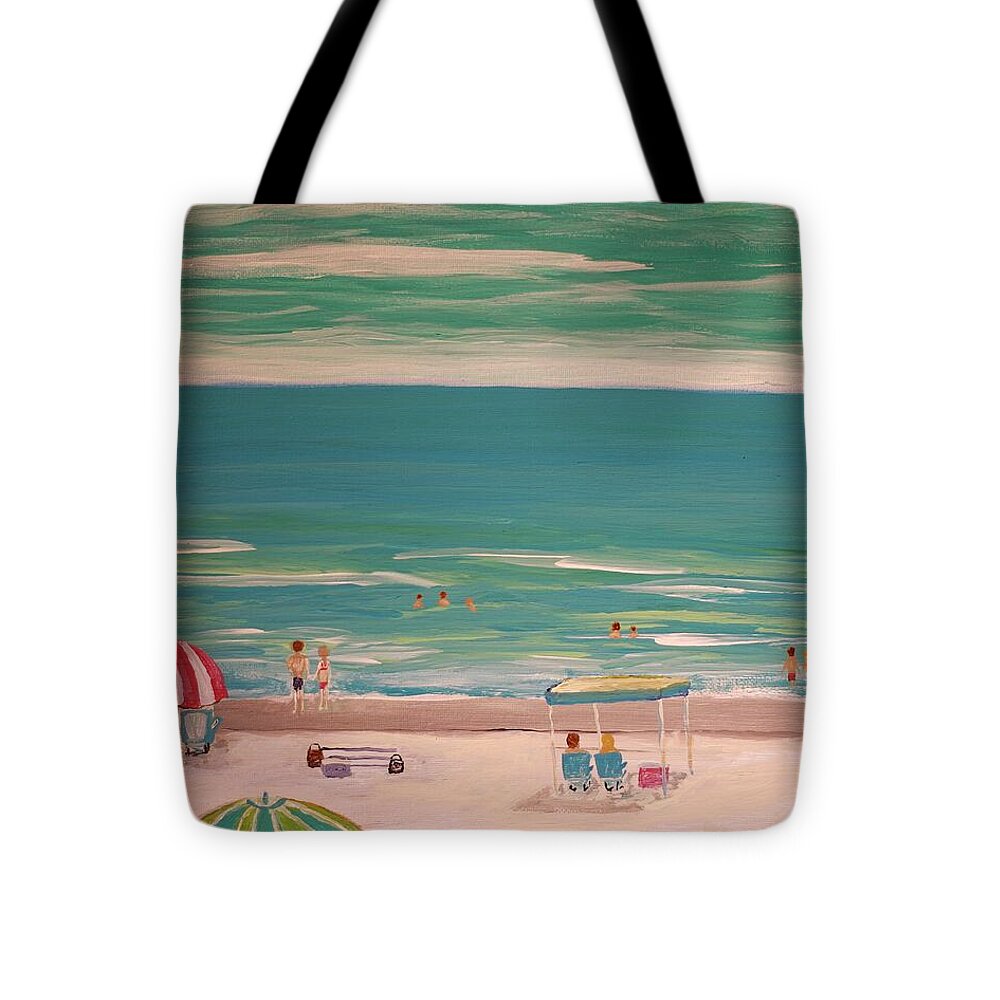 Sunbathers Enjoying a Coastal View - Tote Bag