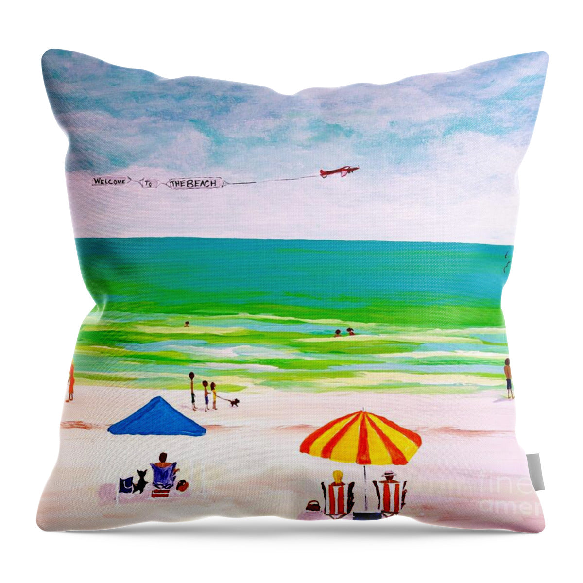 Sunny Beach Day with Banner Plane - Throw Pillow
