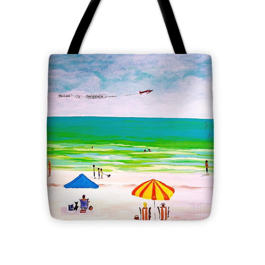 Sunny Beach Day with Banner Plane - Tote Bag