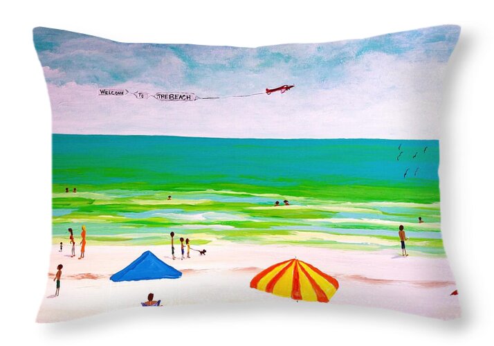 Sunny Beach Day with Banner Plane - Throw Pillow