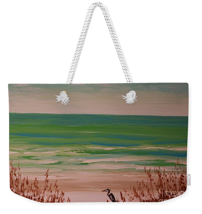 Tranquil Beach Scene with Heron - Weekender Tote Bag