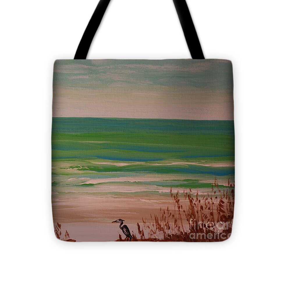 Tranquil Beach Scene with Heron - Tote Bag