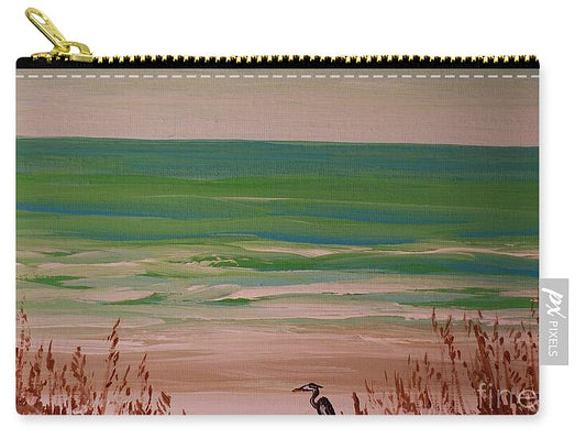 Tranquil Beach Scene with Heron - Zip Pouch