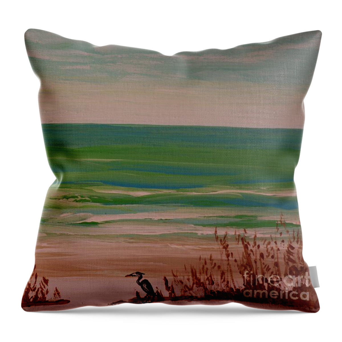 Tranquil Beach Scene with Heron - Throw Pillow