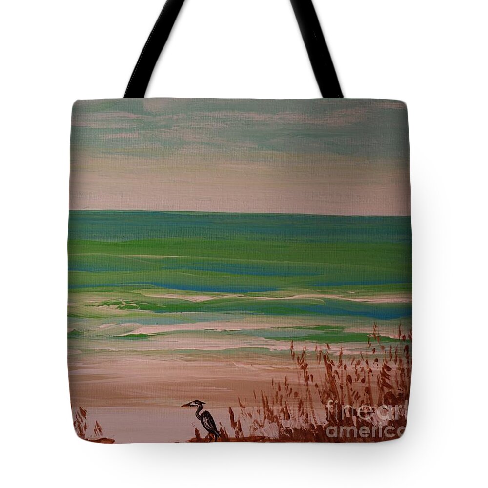 Tranquil Beach Scene with Heron - Tote Bag
