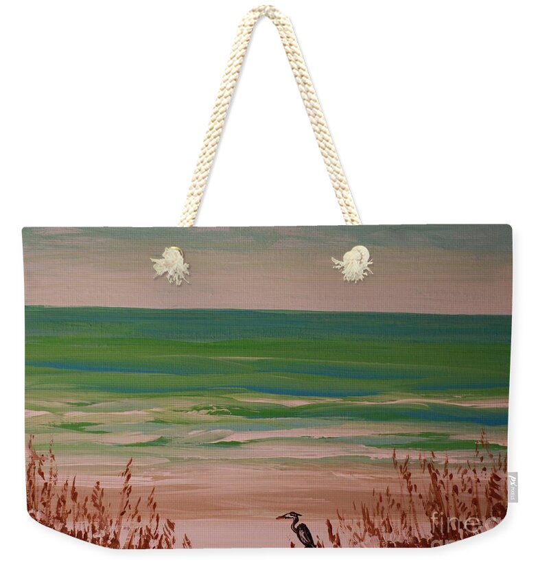 Tranquil Beach Scene with Heron - Weekender Tote Bag