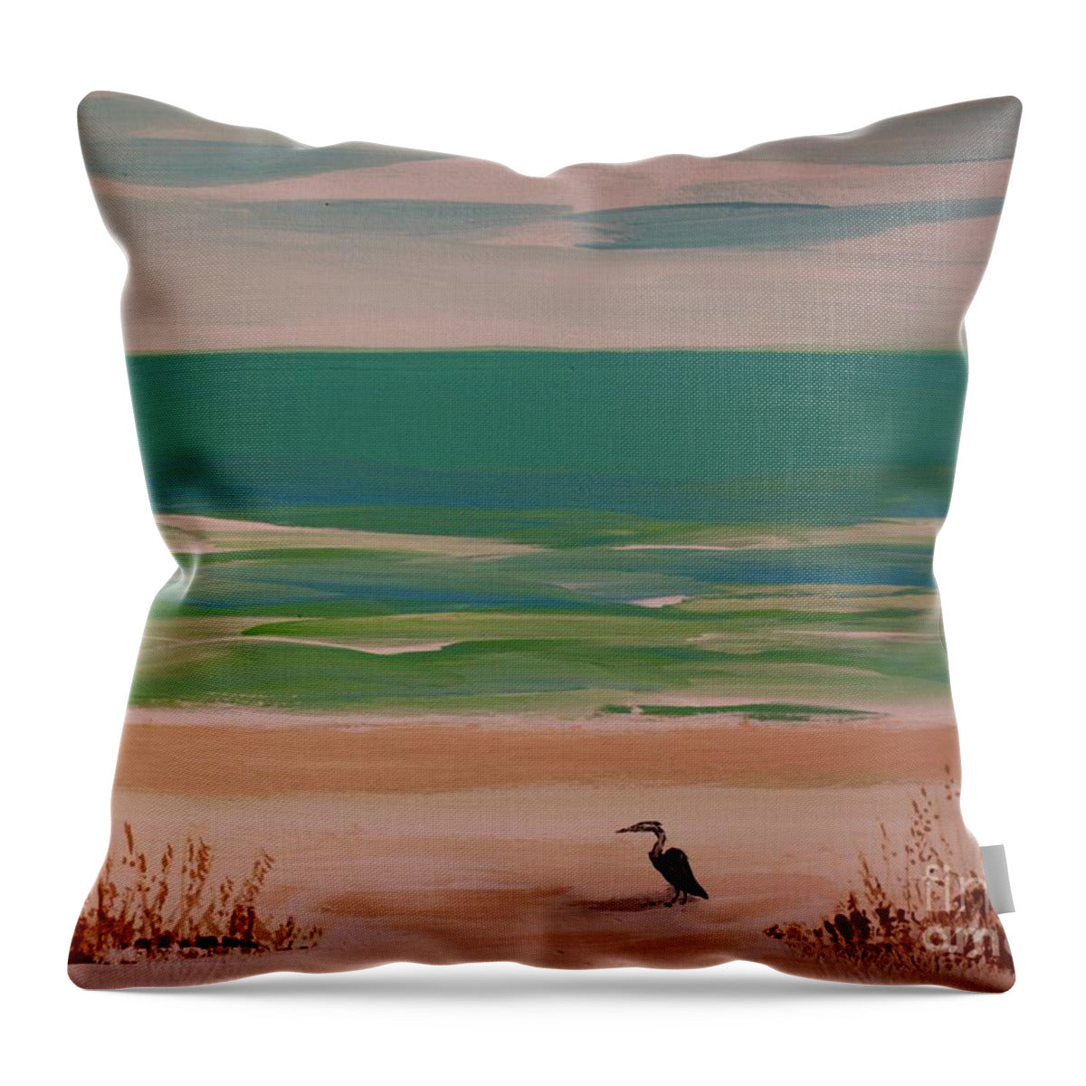 Tranquil Beach with Heron - Throw Pillow