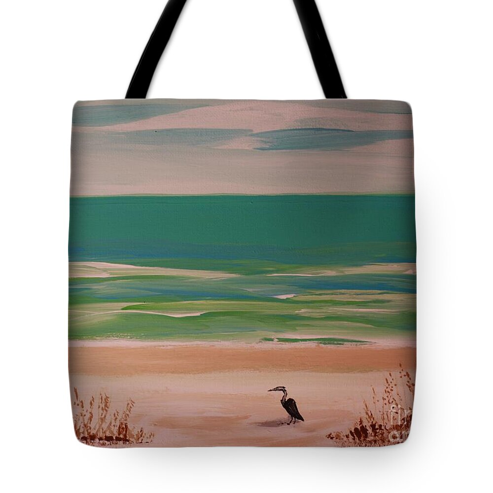 Tranquil Beach with Heron - Tote Bag