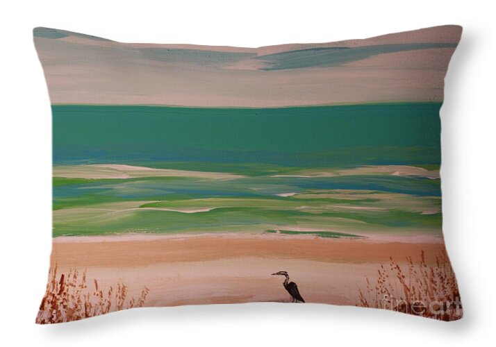 Tranquil Beach with Heron - Throw Pillow