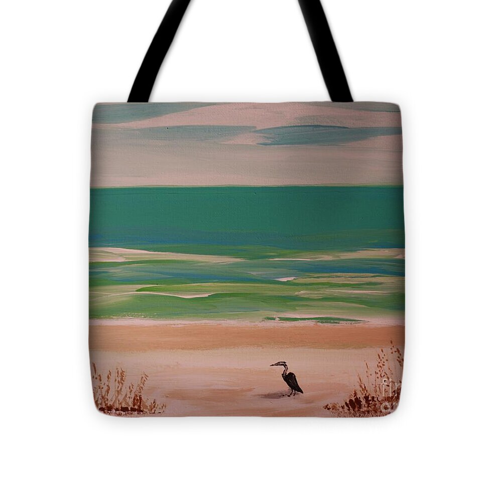 Tranquil Beach with Heron - Tote Bag