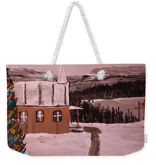 Winter Church Scene with Christmas Tree - Weekender Tote Bag