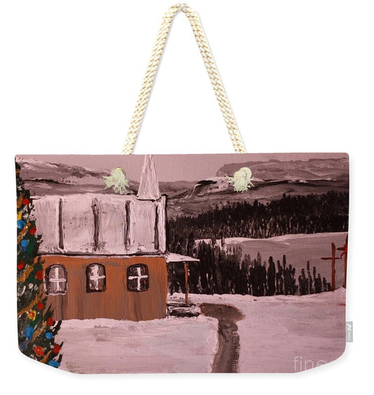 Winter Church Scene with Christmas Tree - Weekender Tote Bag