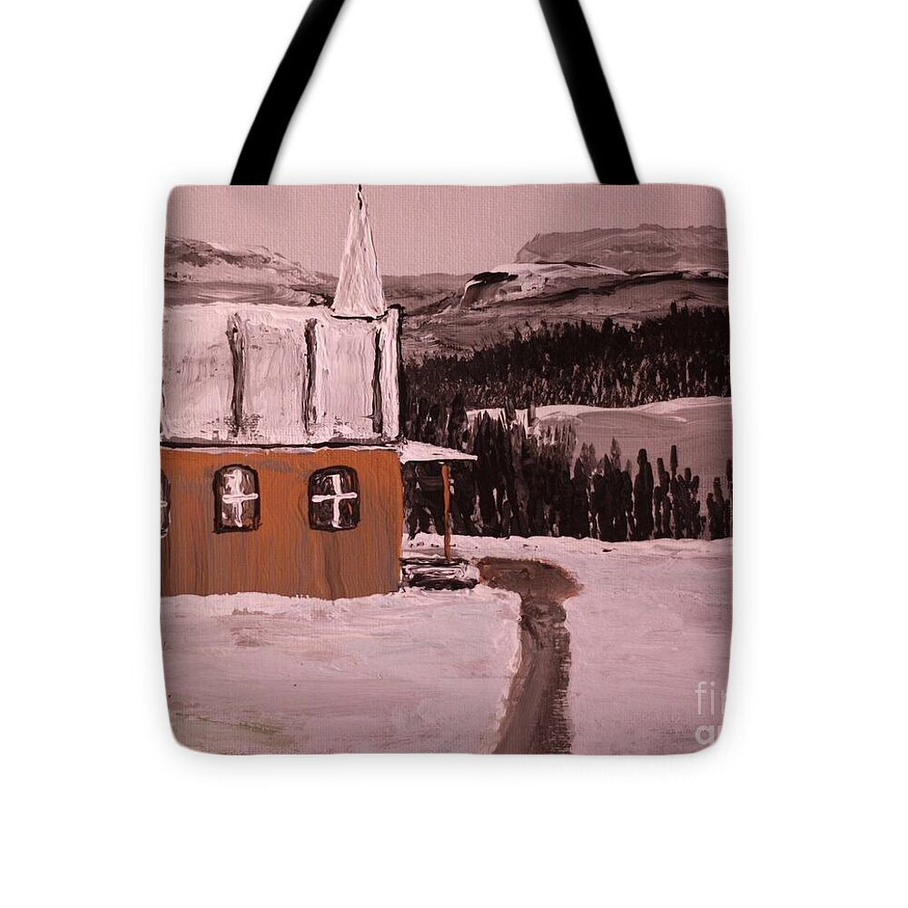 Winter Church Scene with Christmas Tree - Tote Bag