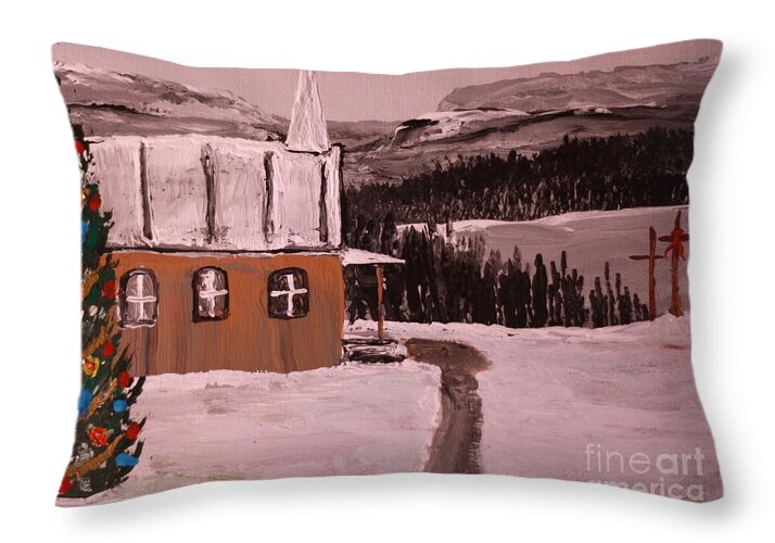 Winter Church Scene with Christmas Tree - Throw Pillow